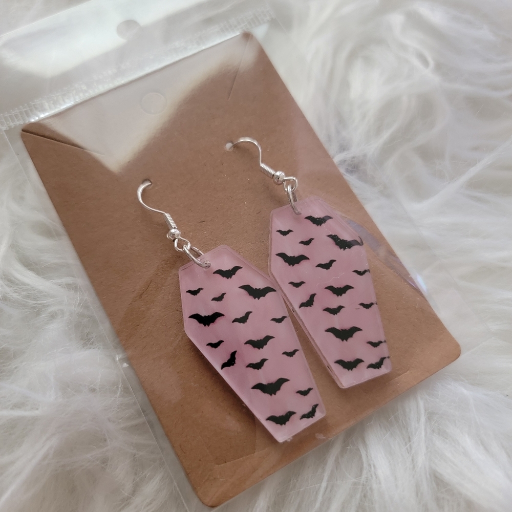 Pink Coffin Earrings with Black Bat Design